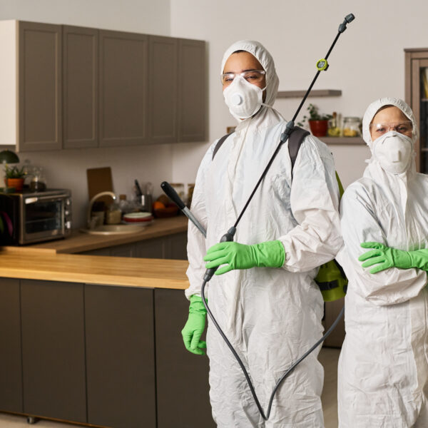 Cleaning Workers Disinfecting Apartment In Team
